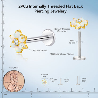Piercing corporal de titanio Limerencia calibre 18G, 2 unidades clavos hipoalergénicos rosca interna respaldo plano para trago, nariz, hélice, concha, labio y labret, piercing cartílago unisex, diseño flor