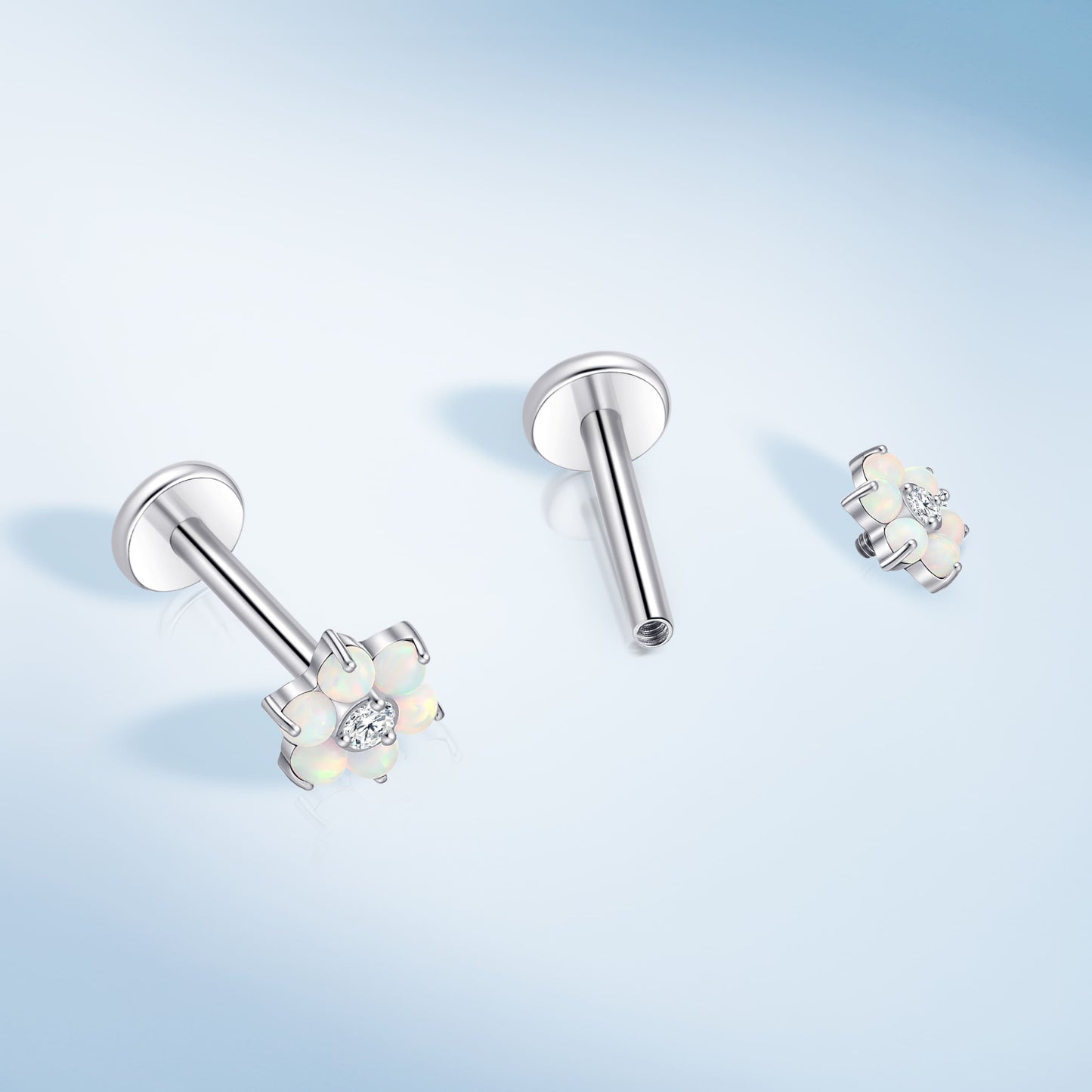 Piercing corporal de titanio Limerencia calibre 18G, 2 unidades clavos hipoalergénicos rosca interna respaldo plano para trago, nariz, hélice, concha, labio y labret, piercing cartílago unisex, diseño flor