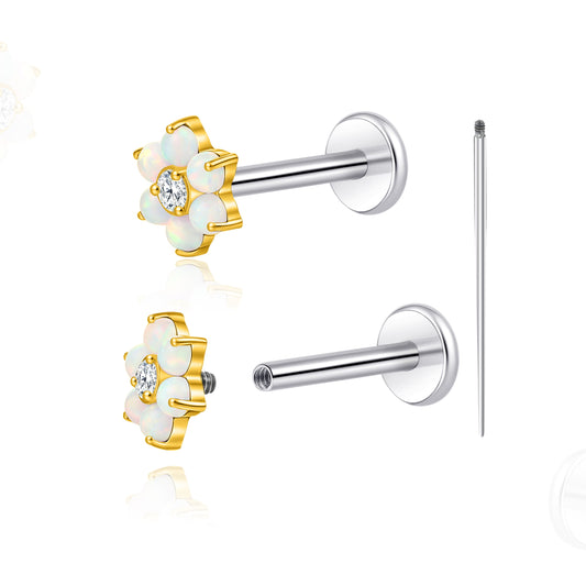 Bijou piercing corps titane Limerencia 18G, 2 clous hypoallergènes dos plat à filetage interne pour tragus, nez, hélix, conque, lèvre et labret, piercing cartilage mixte, motif fleur