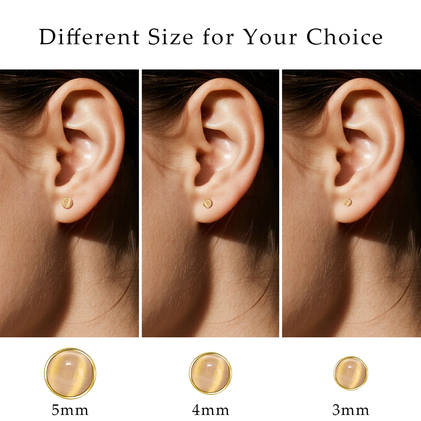 Boucles d’oreilles hypoallergéniques Limerencia pour oreilles sensibles – Puces à dos plat en titane G23 avec pierre œil de chat ronde, piercings cartilage pierre 5 mm, cadeau pour femme et homme