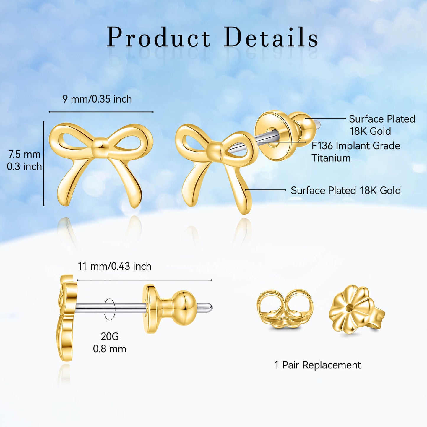Limerencia Schleifen-Ohrstecker, F136-Titan kleine Schleifenohrstecker, süße Mini-Schleifenstecker in Gold- und Silberfarbe, ideal für Jugendliche und empfindliche Ohren