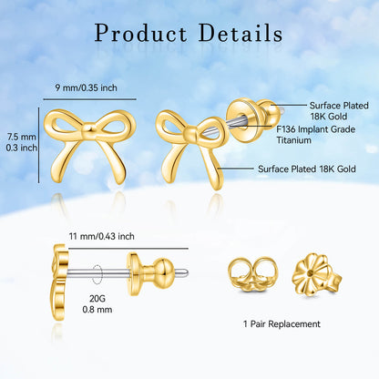 Limerencia Schleifen-Ohrstecker, F136-Titan kleine Schleifenohrstecker, süße Mini-Schleifenstecker in Gold- und Silberfarbe, ideal für Jugendliche und empfindliche Ohren