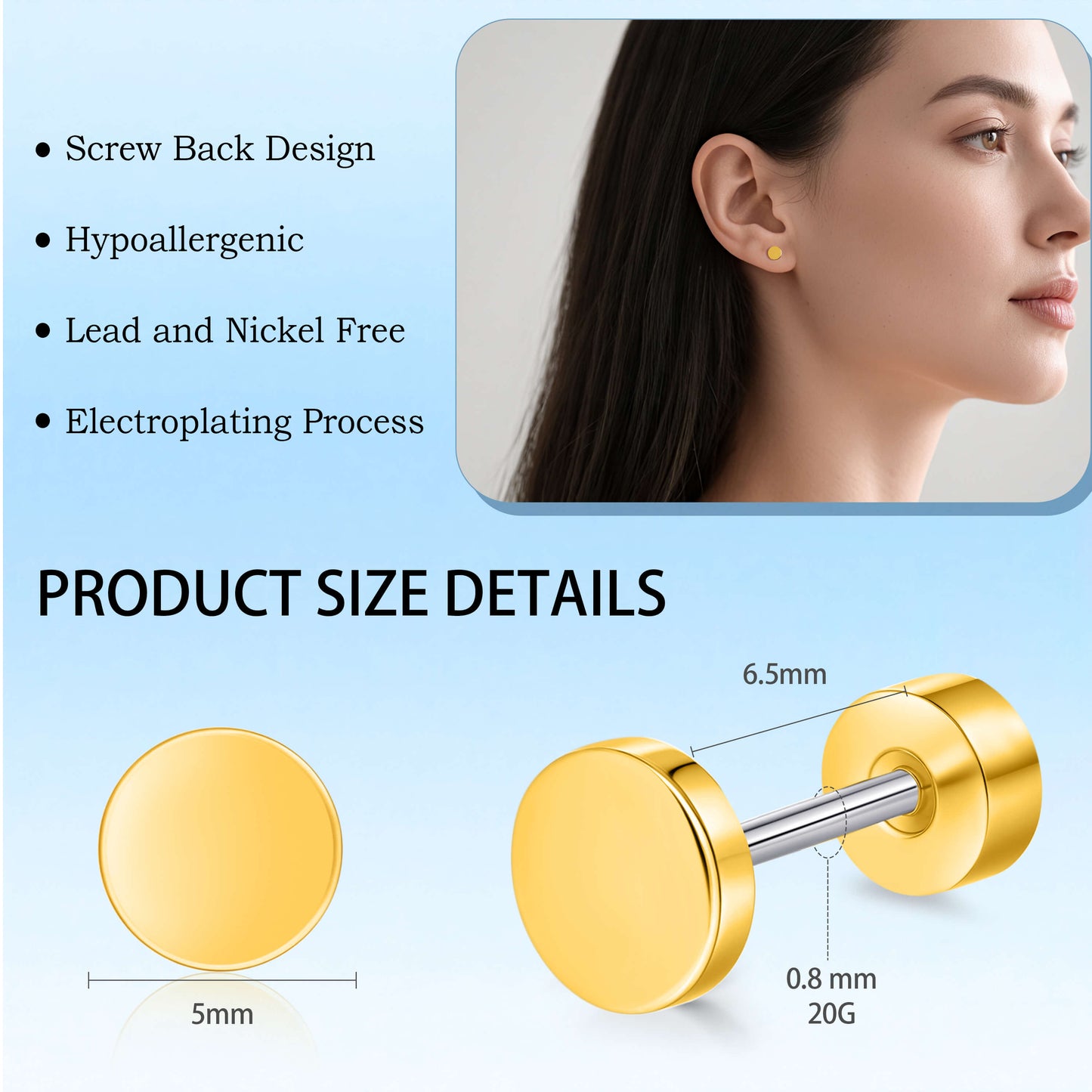 Limerencia Titan Steckohrringe, F136 Implantat-Titanohrringe für Damen und Herren mit empfindlichen Ohren