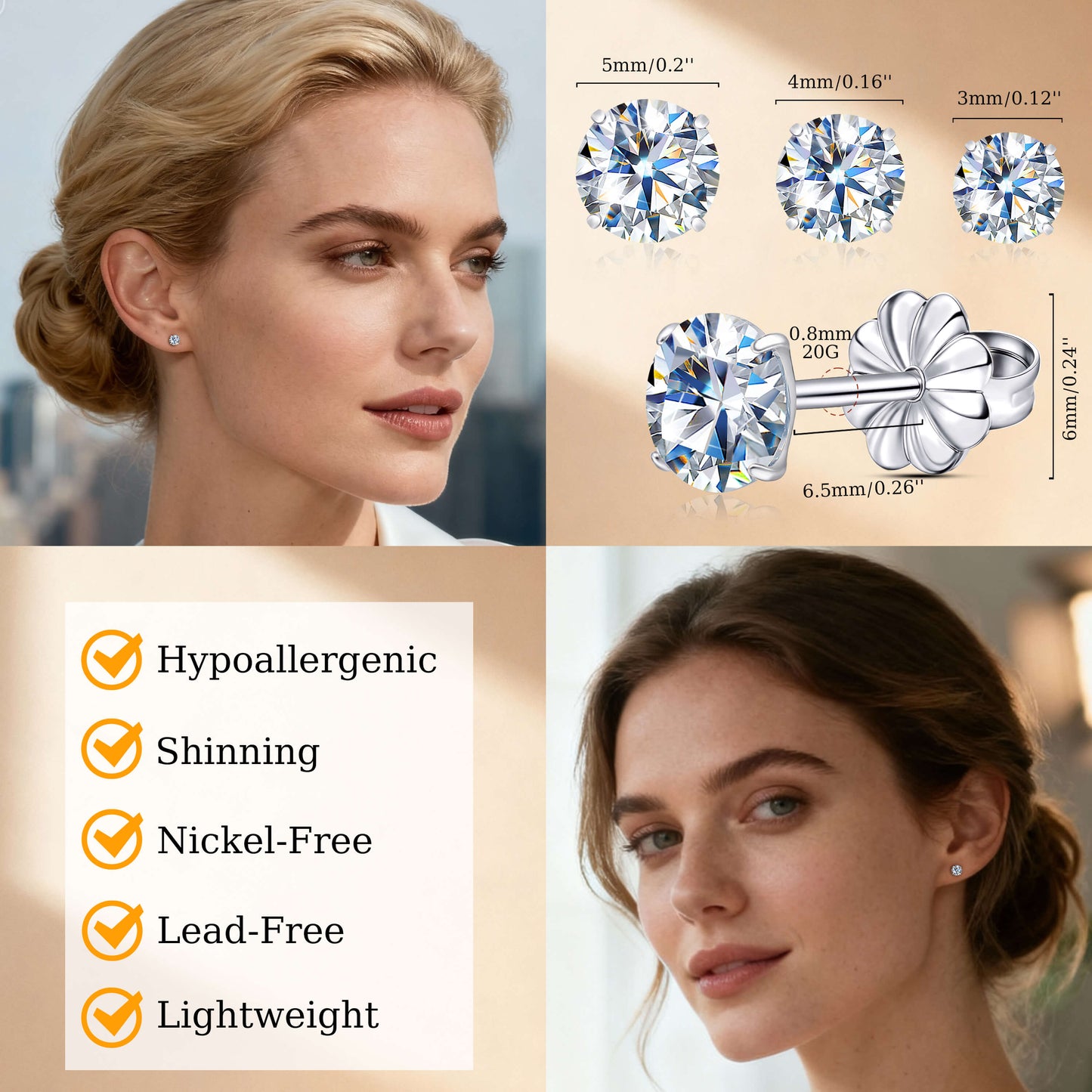 Pendientes de tuerca de moissanita Limerencia, 3 pares de pendientes con cierre de tornillo de titanio, pendientes de moissanita sintética color D pureza VVS1, titanio puro G23 hipoalergénico para mujer y hombre con oídos sensibles