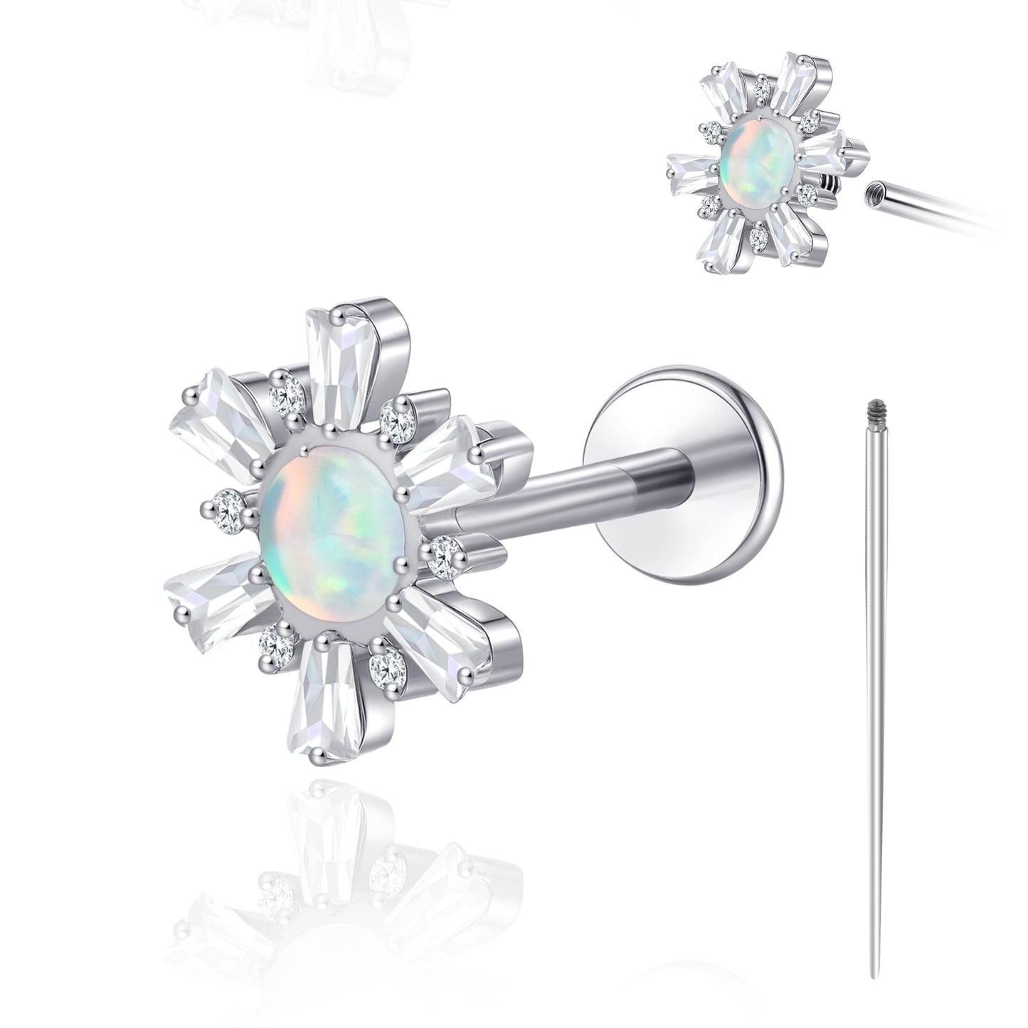 Limerencia 18G Titan-Körperschmuck, Innengewinde-Flachrücken-Ohrstecker für Tragus, Helix, Knorpel, Conch und Medusa, unisex, 1 Stück mit 6 runden Zirkoniasteinen