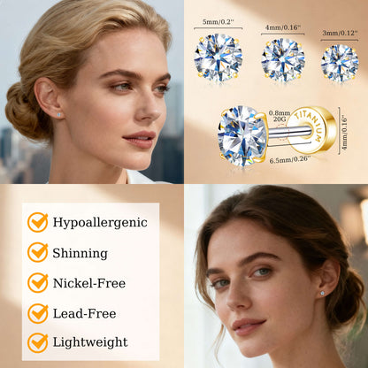 Pendientes de tuerca de moissanita Limerencia, 3 pares de pendientes con cierre de tornillo de titanio, pendientes de moissanita sintética color D pureza VVS1, titanio puro G23 hipoalergénico para mujer y hombre con oídos sensibles