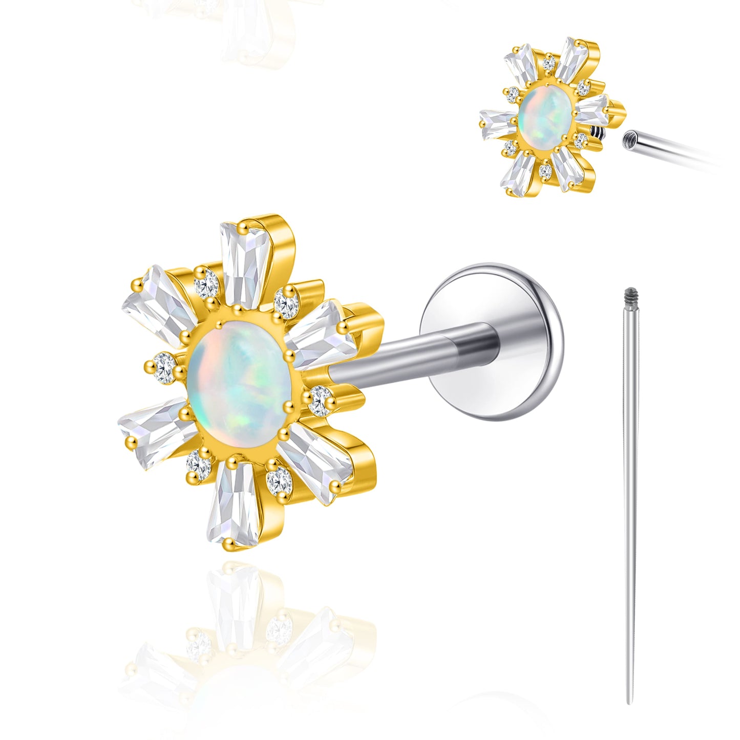 Limerencia 18G Titan-Körperschmuck, Innengewinde-Flachrücken-Ohrstecker für Tragus, Helix, Knorpel, Conch und Medusa, unisex, 1 Stück mit 6 runden Zirkoniasteinen