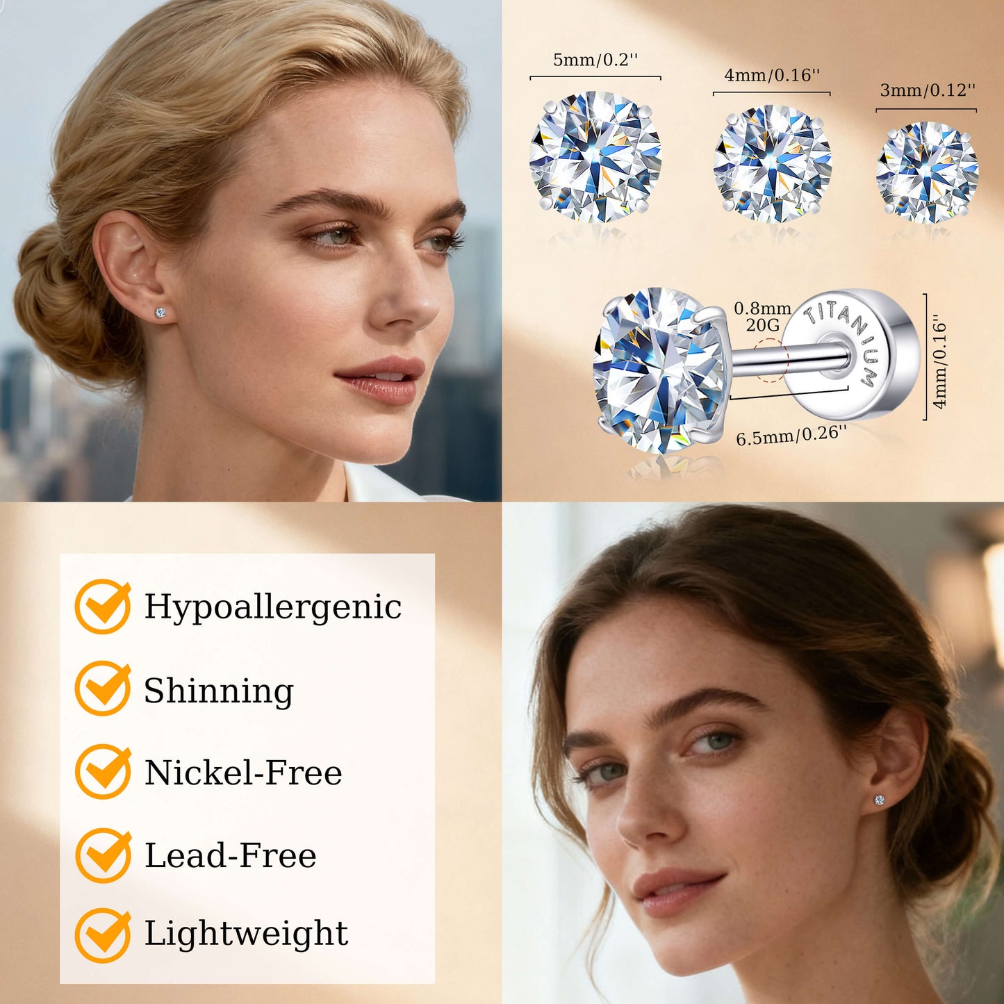 Pendientes de tuerca de moissanita Limerencia, 3 pares de pendientes con cierre de tornillo de titanio, pendientes de moissanita sintética color D pureza VVS1, titanio puro G23 hipoalergénico para mujer y hombre con oídos sensibles