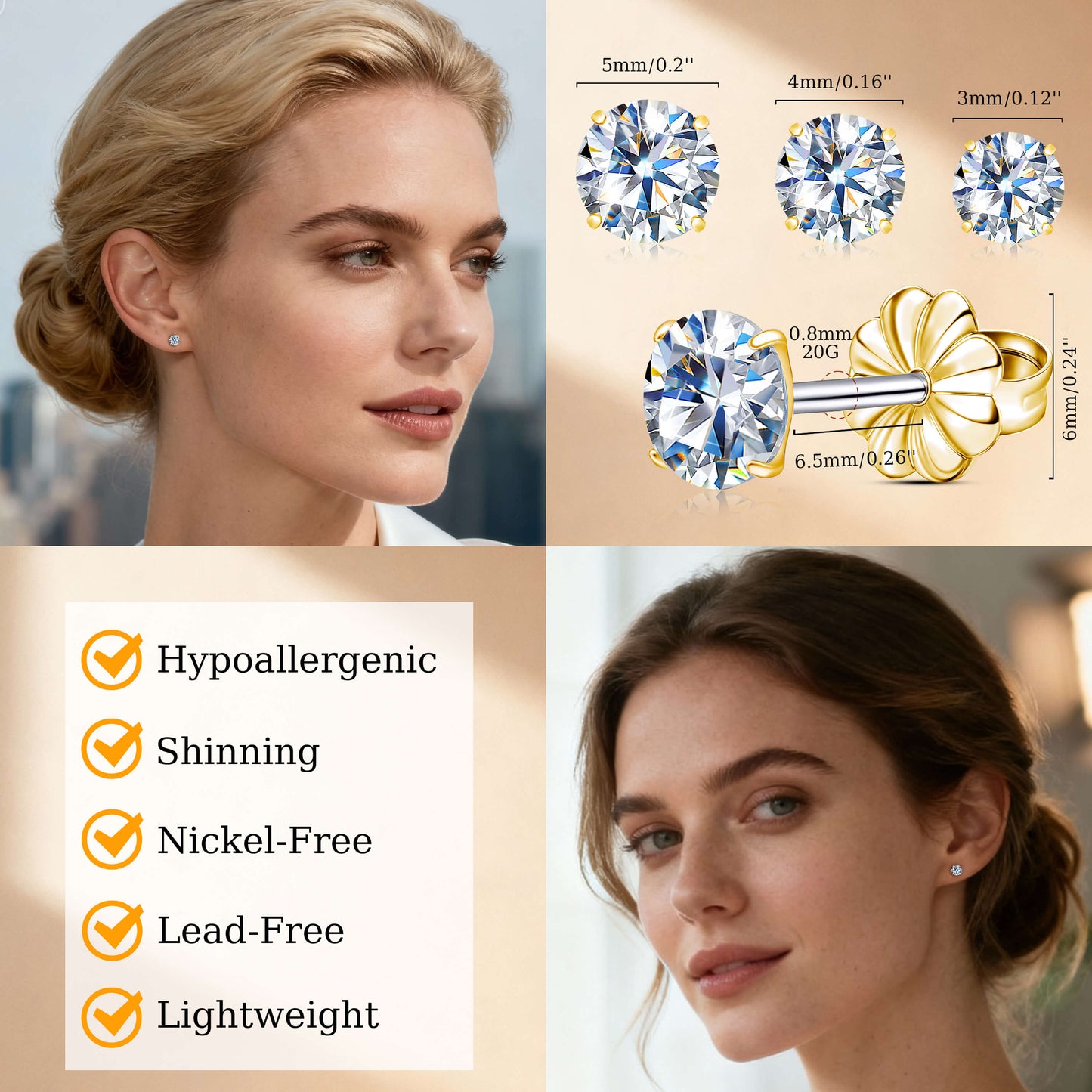 Pendientes de tuerca de moissanita Limerencia, 3 pares de pendientes con cierre de tornillo de titanio, pendientes de moissanita sintética color D pureza VVS1, titanio puro G23 hipoalergénico para mujer y hombre con oídos sensibles
