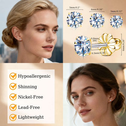 Pendientes de tuerca de moissanita Limerencia, 3 pares de pendientes con cierre de tornillo de titanio, pendientes de moissanita sintética color D pureza VVS1, titanio puro G23 hipoalergénico para mujer y hombre con oídos sensibles
