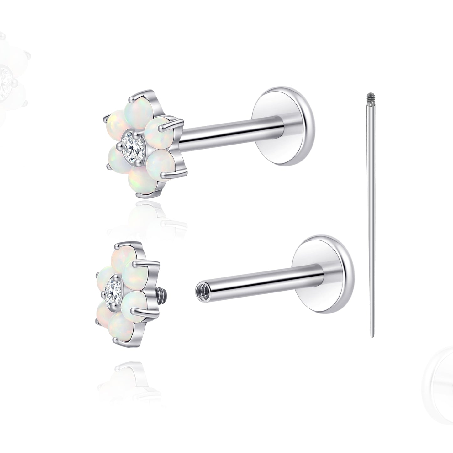 Piercing corporal de titanio Limerencia calibre 18G, 2 unidades clavos hipoalergénicos rosca interna respaldo plano para trago, nariz, hélice, concha, labio y labret, piercing cartílago unisex, diseño flor