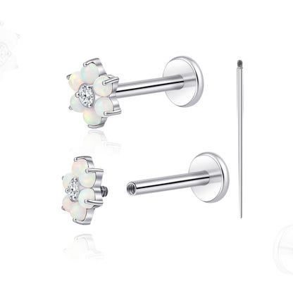 Piercing corporal de titanio Limerencia calibre 18G, 2 unidades clavos hipoalergénicos rosca interna respaldo plano para trago, nariz, hélice, concha, labio y labret, piercing cartílago unisex, diseño flor