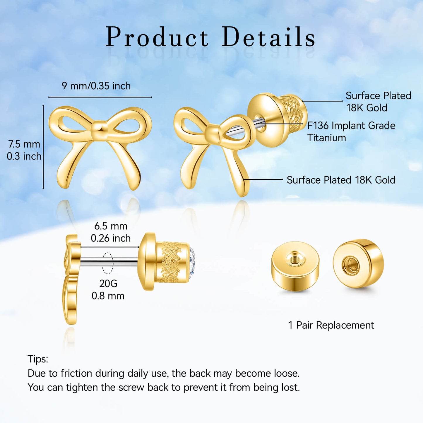 Limerencia Schleifen-Ohrstecker, F136-Titan kleine Schleifenohrstecker, süße Mini-Schleifenstecker in Gold- und Silberfarbe, ideal für Jugendliche und empfindliche Ohren