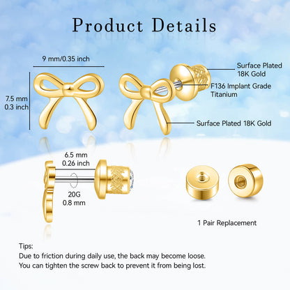 Limerencia Schleifen-Ohrstecker, F136-Titan kleine Schleifenohrstecker, süße Mini-Schleifenstecker in Gold- und Silberfarbe, ideal für Jugendliche und empfindliche Ohren