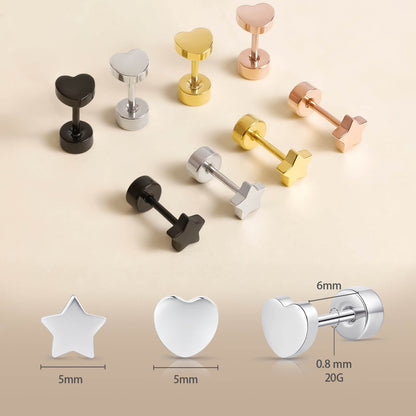 Limerencia Titan-Flachverschluss-Ohrstecker, hypoallergene Herz-/Stern-Schraubverschluss-Ohrstecker für Damen und Herren, klassische 5mm Schlafohrstecker für Knorpel und Ohrläppchen