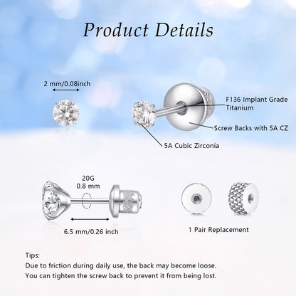 Limerencia Hypoallergener Reintitan G23 Zweiseitiger Zirkonia-Ohrstecker mit Schraubverschluss 20G für Helix Knorpel Tragus Ohrläppchen F136 Piercingstecker für empfindliche Ohren (2 mm)