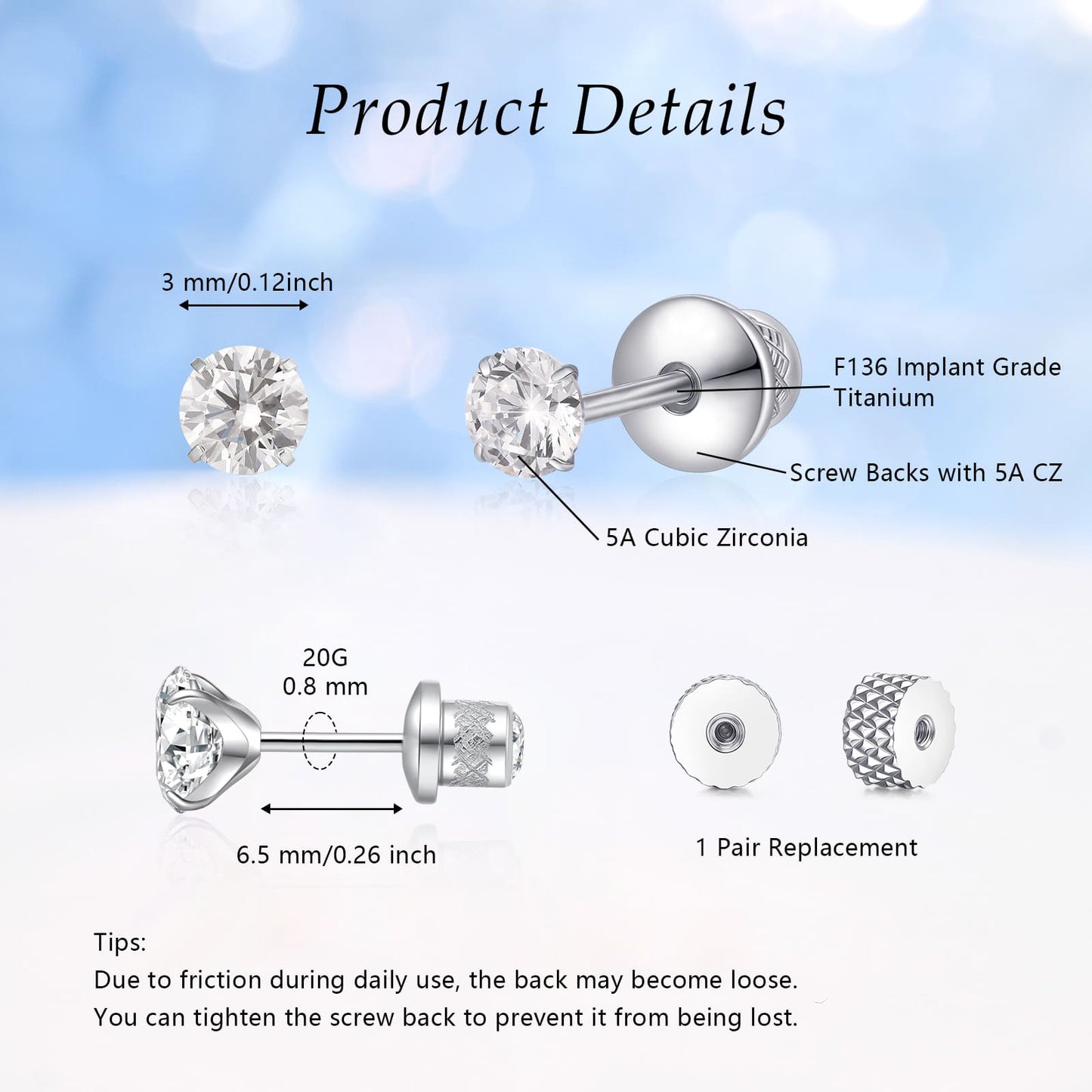Limerencia Hypoallergener Reintitan G23 Zweiseitiger Zirkonia-Ohrstecker mit Schraubverschluss 20G für Helix Knorpel Tragus Ohrläppchen F136 Piercingstecker für empfindliche Ohren (2 mm)