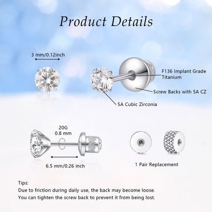 Limerencia Hypoallergener Reintitan G23 Zweiseitiger Zirkonia-Ohrstecker mit Schraubverschluss 20G für Helix Knorpel Tragus Ohrläppchen F136 Piercingstecker für empfindliche Ohren (2 mm)