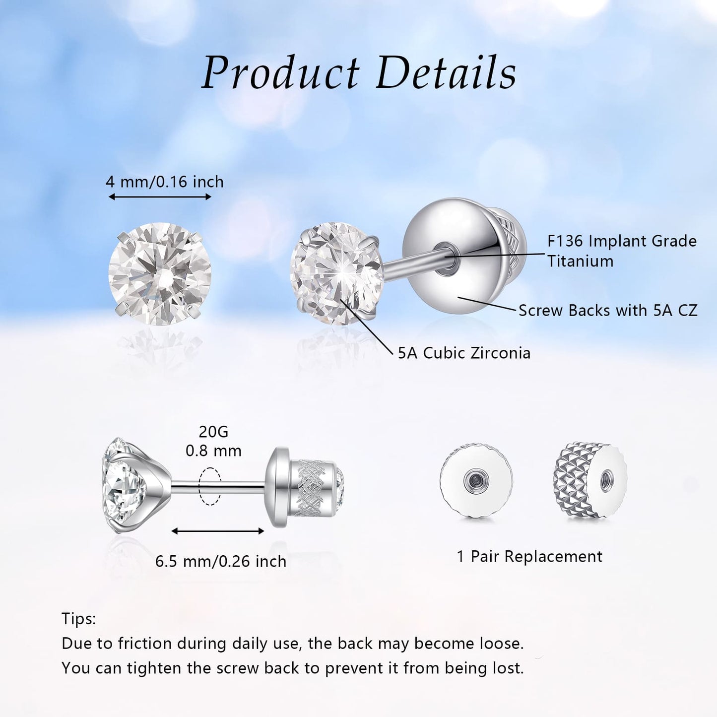 Limerencia Hypoallergener Reintitan G23 Zweiseitiger Zirkonia-Ohrstecker mit Schraubverschluss 20G für Helix Knorpel Tragus Ohrläppchen F136 Piercingstecker für empfindliche Ohren (2 mm)