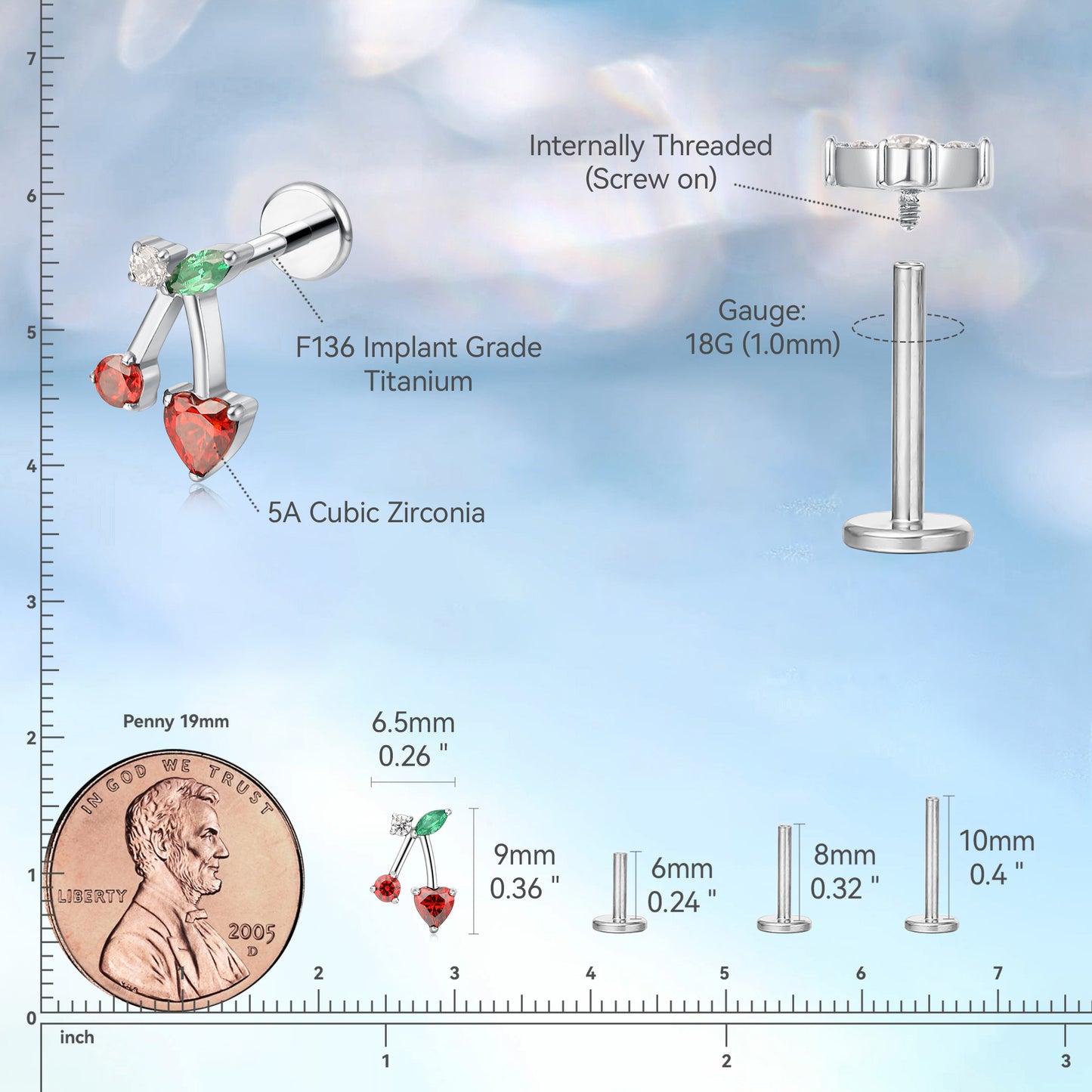 limerencia F136 Titanium Hypoallergenic Piercing Jewelry18G 6mm 8mm 10mm For Tragus,Helix,Conch,Cartilage,Lip,Implant Grade Flat Back Internally Threaded Stud Earrings (Cherry 1pc)