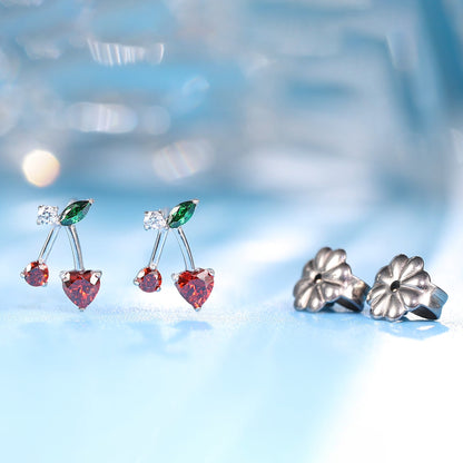 Limerencia F136 Aretes de titanio puro hipoalergénicos de grado implante, aretes pequeños y delicados de circonita cúbica G23 para oídos sensibles de mujer (cereza)