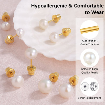 Limerencia Hypoallergenic Freshwater Cultured Pearl Stud Earrings for Women F136 Implant‑Grade Titanium Screw‑Back, Nickel‑Free & Lead‑Free, Comfortable for Sensitive Ears, Elegant Jewelry for Gifting