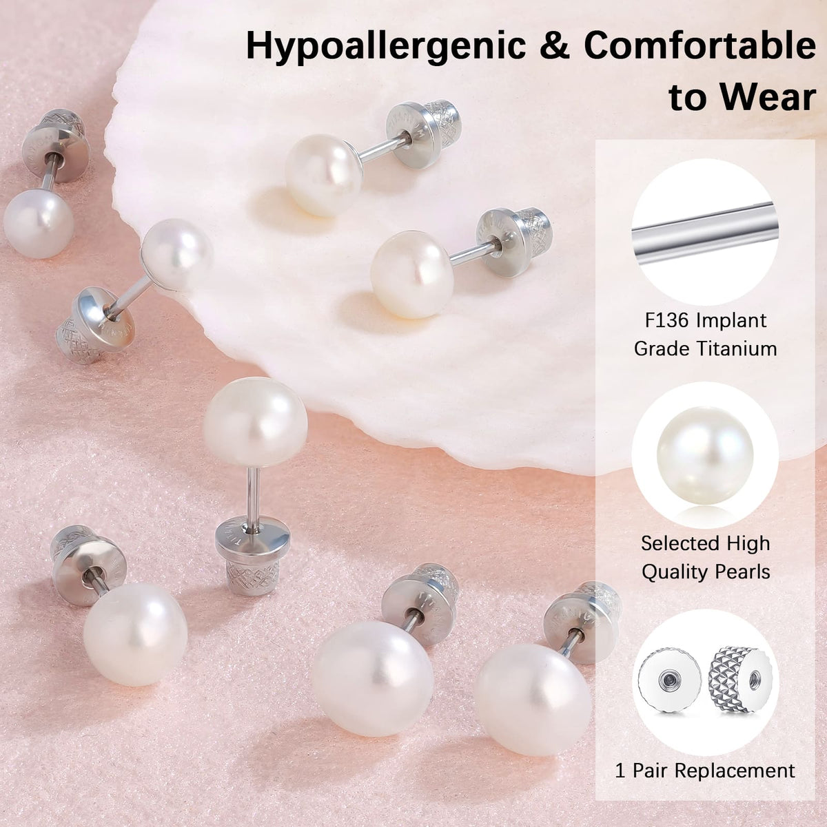 Limerencia Hypoallergenic Freshwater Cultured Pearl Stud Earrings for Women F136 Implant‑Grade Titanium Screw‑Back, Nickel‑Free & Lead‑Free, Comfortable for Sensitive Ears, Elegant Jewelry for Gifting