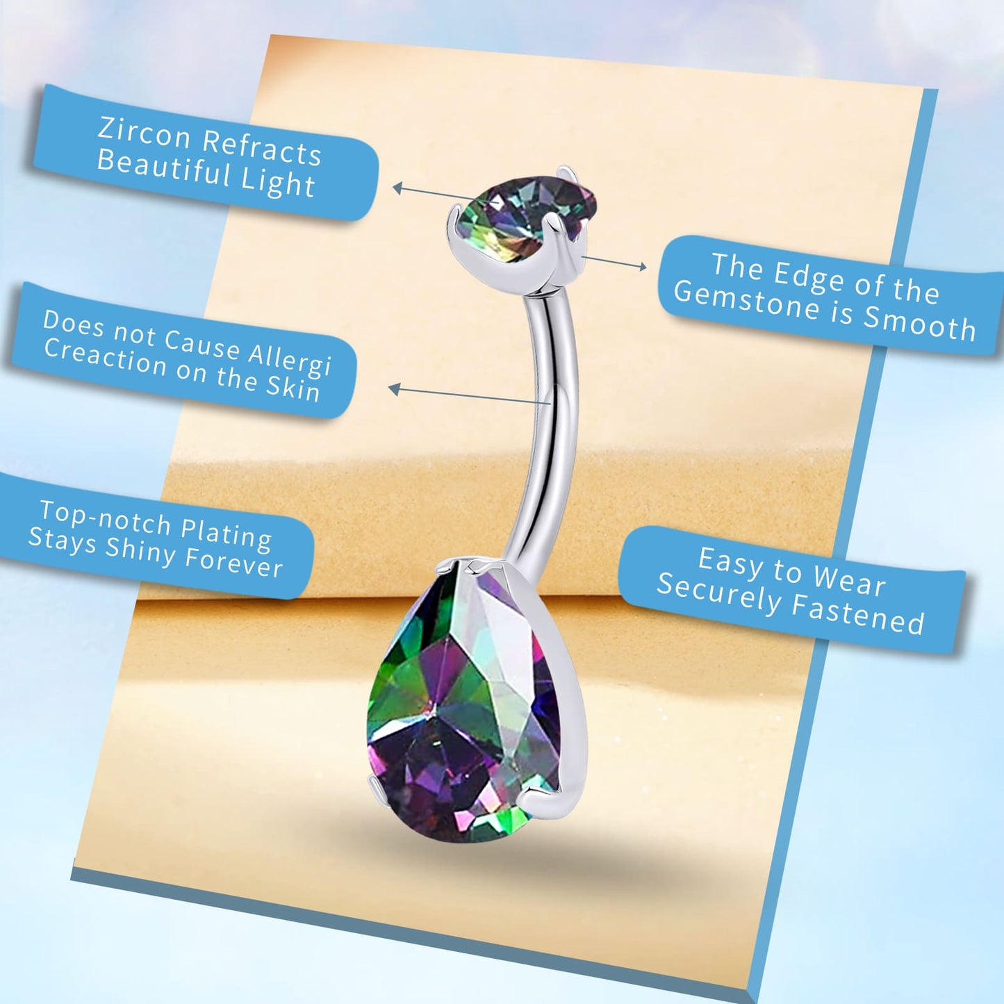 limerencia G23 Titanium Belly Button Rings hypoallergenic medical implant grade 14G Teardrop CZ Belly Navel Rings Piercing Belly Bars（Water drop belly button ring）