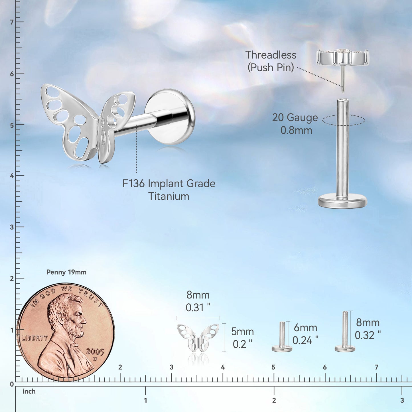 Limerencia F136 Hypoallergenic Titanium 20g 6mm 8mm Flat Back Stud | G23 Implant Grade Press Fit Threadless Earrings Push Pin Tragus Cartilage Helix Conch Nose Monroe Medusa Labret Piercing Jewelry(1pc)