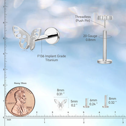 Limerencia F136 Hypoallergener Titan 20g 6mm 8mm Flachrückenstecker | G23 Implantatgrad Pressfit Gewindelose Ohrringe Push Pin Tragus Knorpel Helix Conch Nase Monroe Medusa Labret Piercingschmuck (1 Stk.)