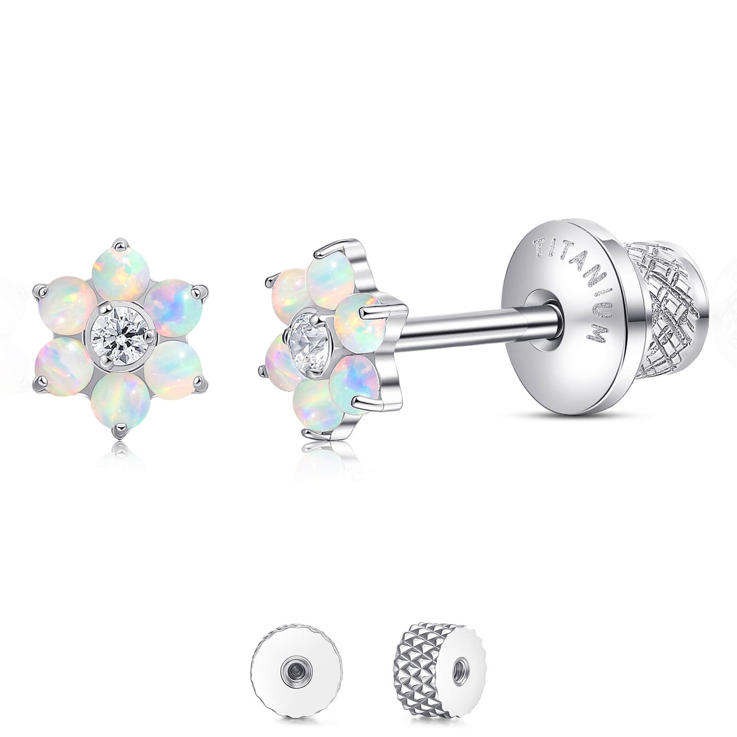 Limerencia Titanium Screw Back Earrings, Hypoallergenic F136 Implant Grade Flat Back Earrings for Women Men, Double Side Cubic Zirconia Sleeper Studs Jewelry/flower