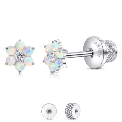 Limerencia Titanium Screw Back Earrings, Hypoallergenic F136 Implant Grade Flat Back Earrings for Women Men, Double Side Cubic Zirconia Sleeper Studs Jewelry/flower
