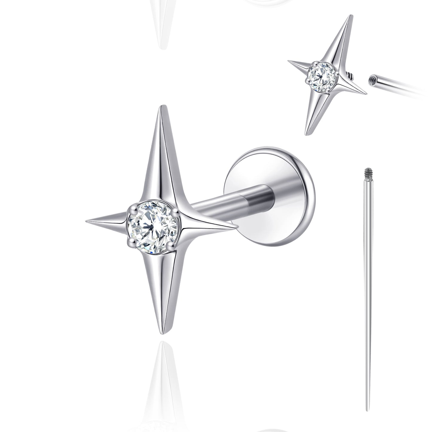 Limerencia 18G Titan-Körperschmuck, Innengewinde-Flachrücken-Ohrstecker für Tragus, Helix, Knorpel, Conch und Medusa, unisex, 1 Stück mit Kreuz-Zirkoniabesatz