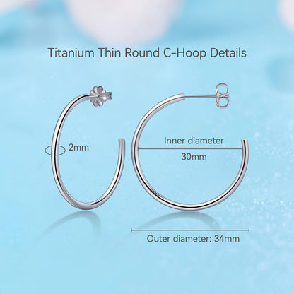 Limerencia Hypoallergene G23 Reines Titan Große Offene C-Creolen Ohrringe, F136 Leichte Cubic Zirkonia Ohrklemmen für Frauen mit Empfindlichen Ohren (30 mm Dünne Runde Creolen, Silber)