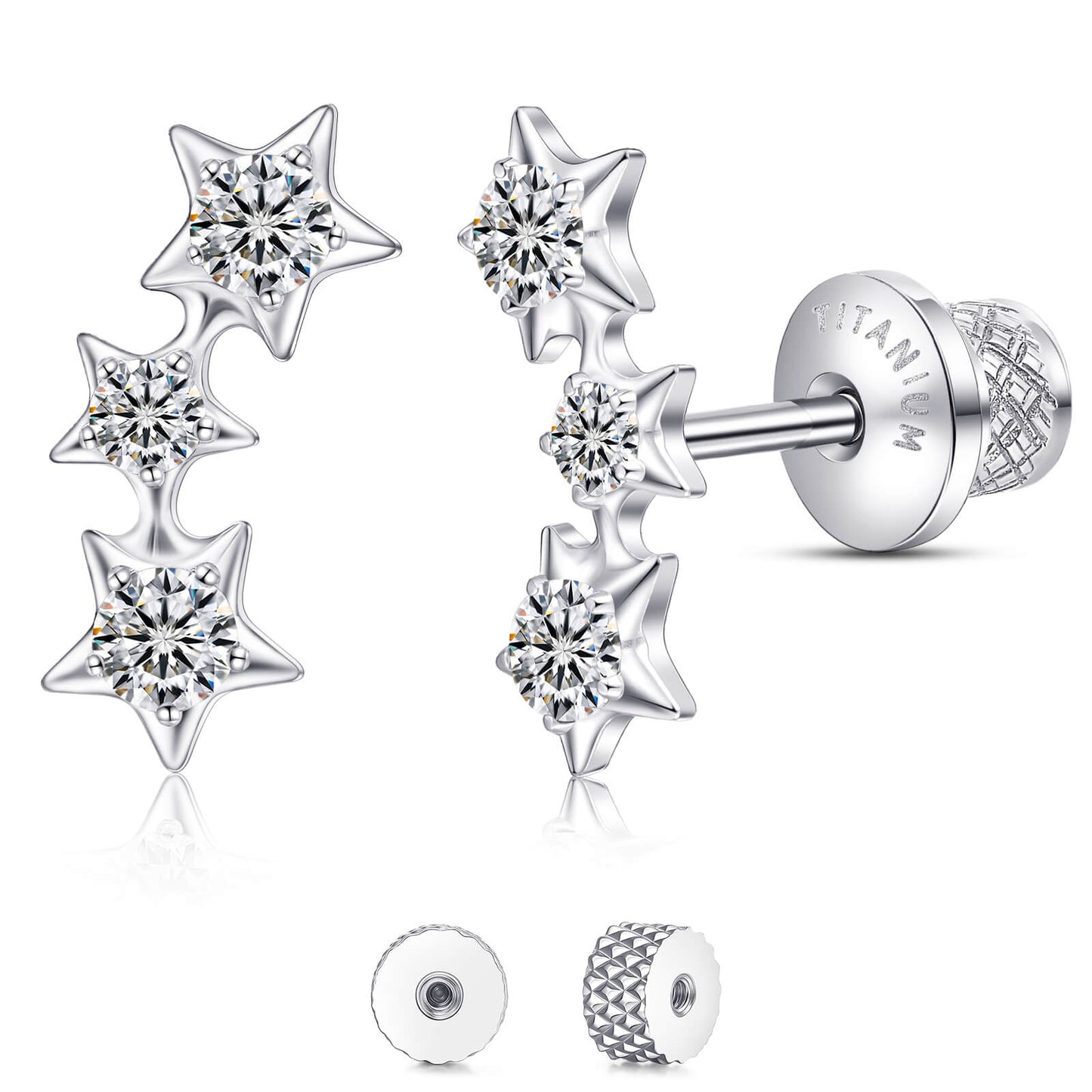 Limerencia Titanium Screw Back Earrings, Hypoallergenic F136 Implant Grade Flat Back Earrings for Women Men, Double Side Cubic Zirconia Sleeper Studs Jewelry/3 star