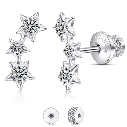 Limerencia Titanium Screw Back Earrings, Hypoallergenic F136 Implant Grade Flat Back Earrings for Women Men, Double Side Cubic Zirconia Sleeper Studs Jewelry/3 star