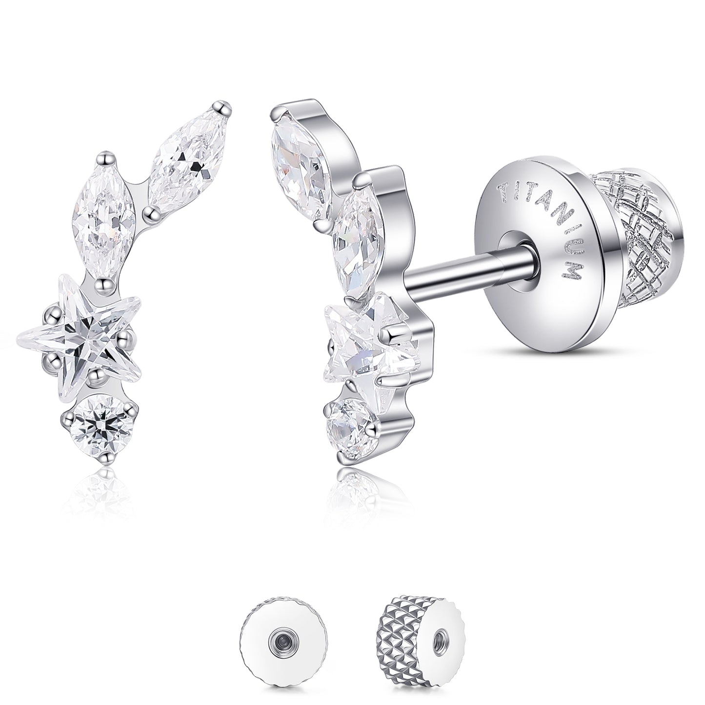 Limerencia Titanium Screw Back Earrings, Hypoallergenic F136 Implant Grade Flat Back Earrings for Women Men, Double Side Cubic Zirconia Sleeper Studs Jewelry/Collage