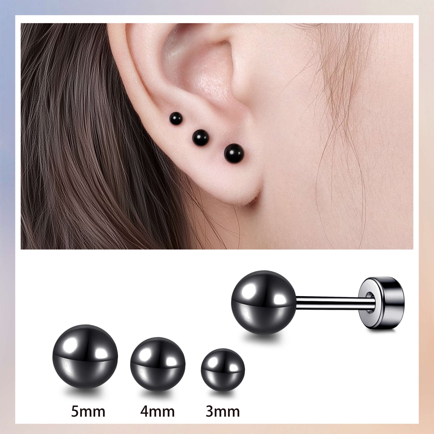 Limerencia Titan-Flachverschluss-Ohrstecker, hypoallergene Kugelohrstecker für empfindliche Ohren, schlichte klassische Flachstecker in 3 mm bis 5 mm, ideal für Helix, Tragus, Knorpel und Ohrläppchen