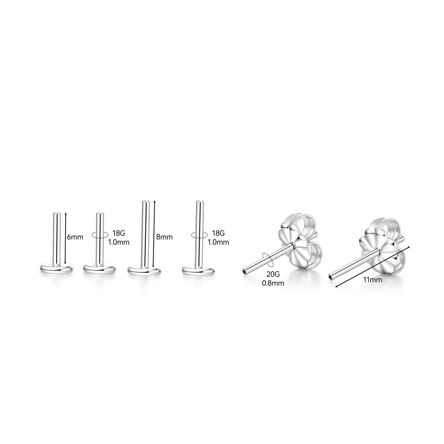 limerencia G23 Hypoallergenic 18g Flat Back Stud Earrings | F136 Implant Grade Titanium Press Fit Threadless Push Pop in Cartilage Helix Labret Lip Monroe Tragus Piercing Studs (Parts Silver)