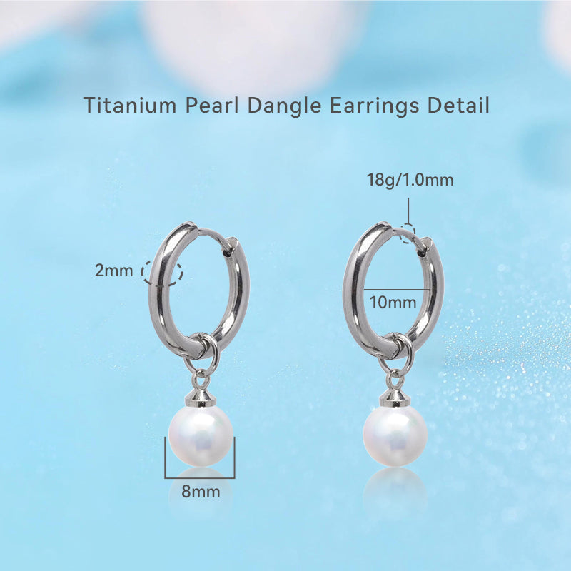 Limerencia Hypoallergenic Pure Titanium Post Lightweight Dangle Huggie Earrings for Women | Vertical Bar, Cross, Moon, Lightning | Dainty Earrings (10mm Pearl)