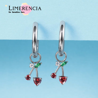 Boucles d'oreilles Huggie pendantes légères en titane pur hypoallergénique Limerencia pour femme, barre verticale, croix, lune, éclair, boucles fines – Zircone cerise rouge