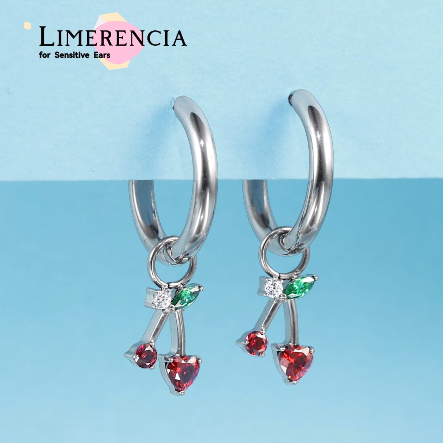 Boucles d'oreilles Huggie pendantes légères en titane pur hypoallergénique Limerencia pour femme, barre verticale, croix, lune, éclair, boucles fines – Zircone cerise rouge