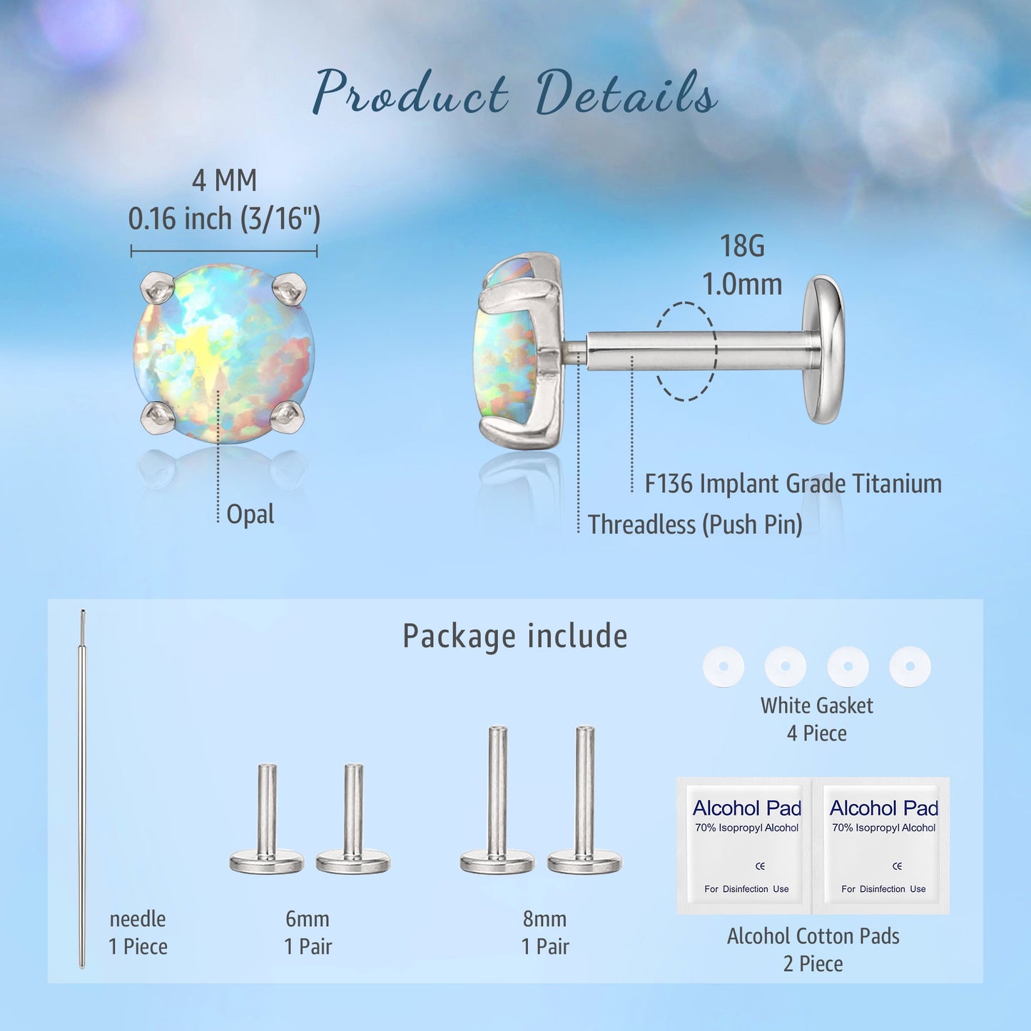 Nose Rings for Women Men, Threadless Nose Studs and Flat Back Earrings | F136 Implant Grade Hypoallergenic  Labret Studs, Push In Flat Back Earrings, Opal Nose Nostril Tragus Helix Piercing Jewelry