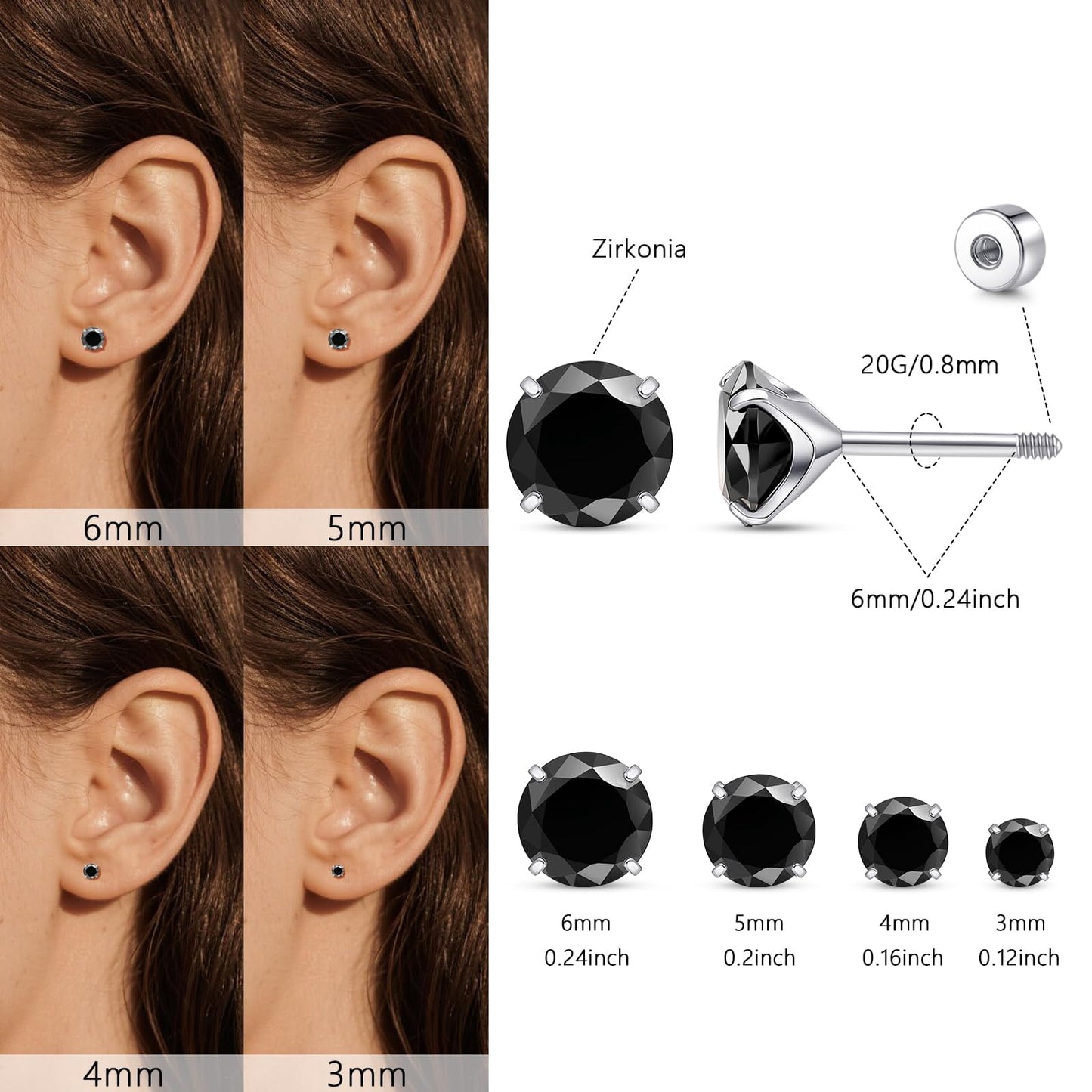 Limerencia 4 Pairs Titanium Screw Back Stud Earrings Set for Sensitive Ears, Hypoallergenic Surgical Stainless Steel Cubic Zirconia Earrings for Women Men