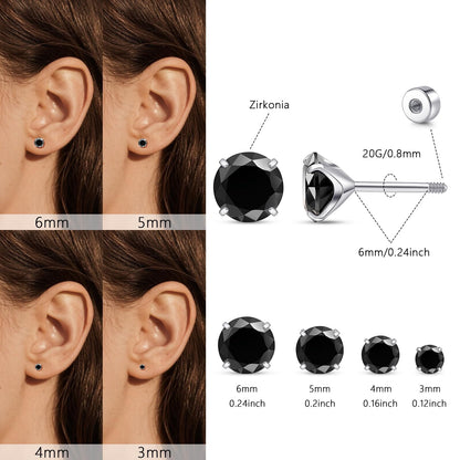 Limerencia 4 Pairs Titanium Screw Back Stud Earrings Set for Sensitive Ears, Hypoallergenic Surgical Stainless Steel Cubic Zirconia Earrings for Women Men