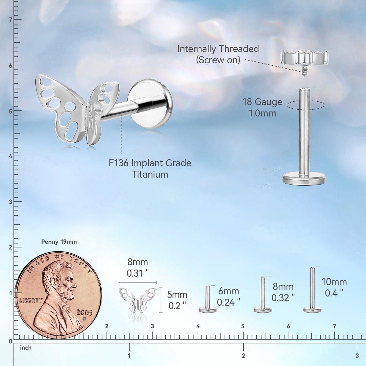 Limerencia Pure Titanium F136 Hypoallergenic Piercing Jewelry,Flat Back Internally Threaded Stud Earring 18g for Cartilage/Tragus/Helix/Conch/Nose/Lip (butterfly 1pc)