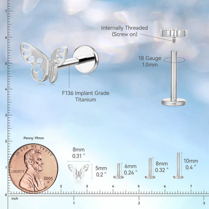 Limerencia Piercingschmuck aus reinem Titan F136, hypoallergen, mit flacher Rückseite, innenliegendes Gewinde, Ohrstecker 18g für Knorpel/Tragus/Helix/Conch/Nase/Lippe (Schmetterling 1 Stk.)