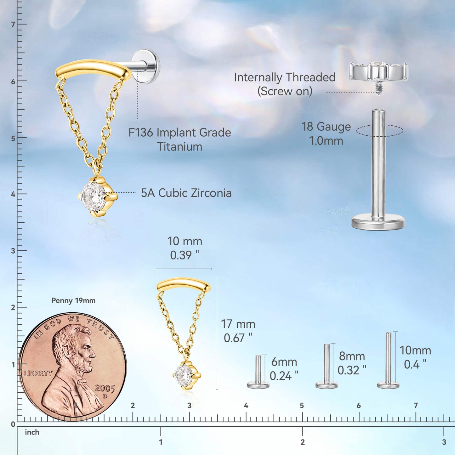 Limerencia 低アレルギーチタンピアス ASTM F136 規格 18G、ポスト 6mm/8mm/10mm、内ネジ式フラットバック、トラガス・ヘリックス・コンク・軟骨・鼻・リップ用ピアス (1 個入り)/ チェーン B