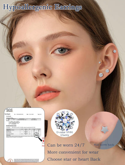 Limerencia Moissanite Stud Earrings for Women Men, F136 Hypoallergenic Titanium Earrings for Sensitive Ears, 18K White Gold Plated Star Flat Back,3mm