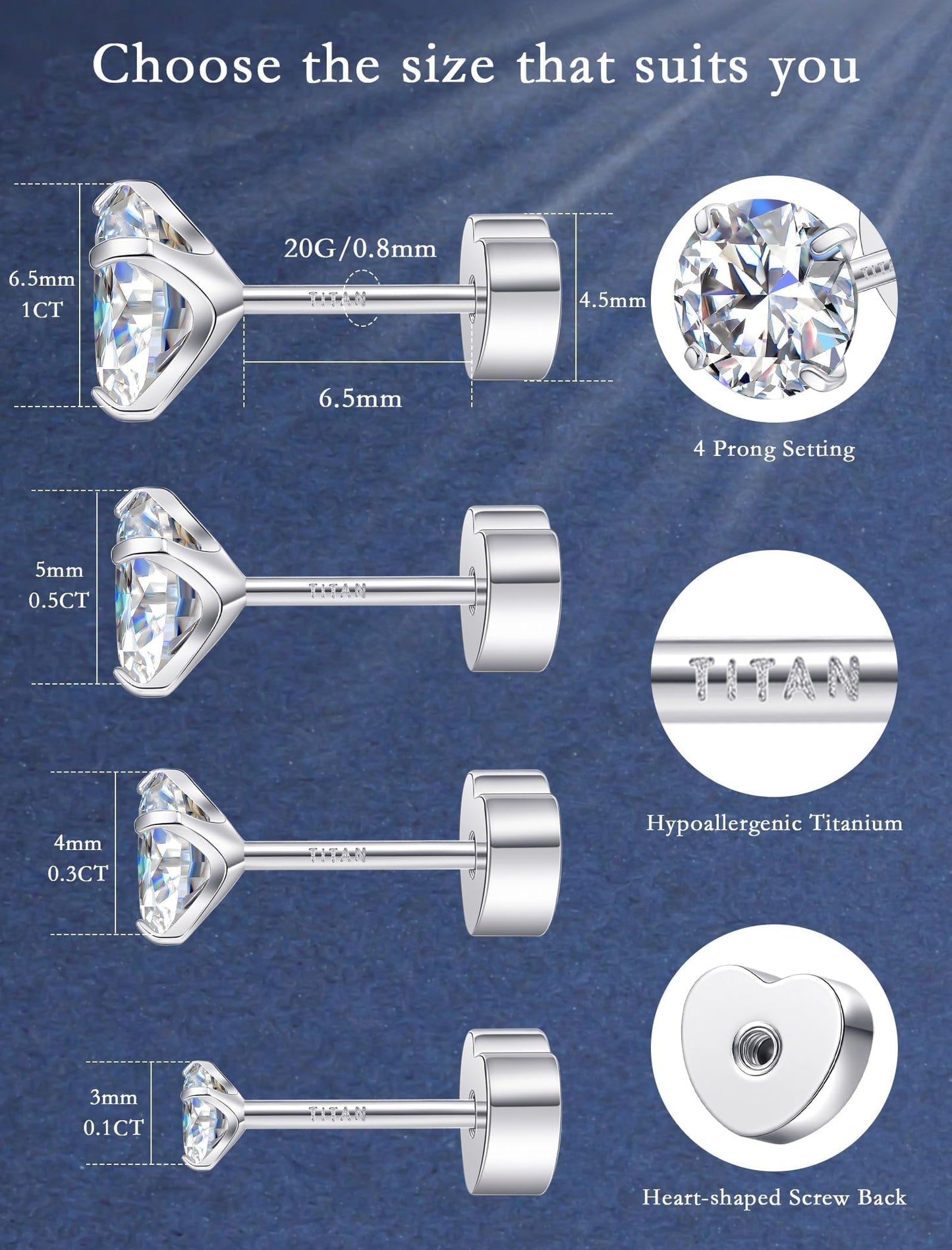 Limerencia Titanium Flat Back Stud Earrings, Moissanite Stud Earrings for Women Men | Hypoallergenic Helix Earrings, Screw Back Tragus Earrings